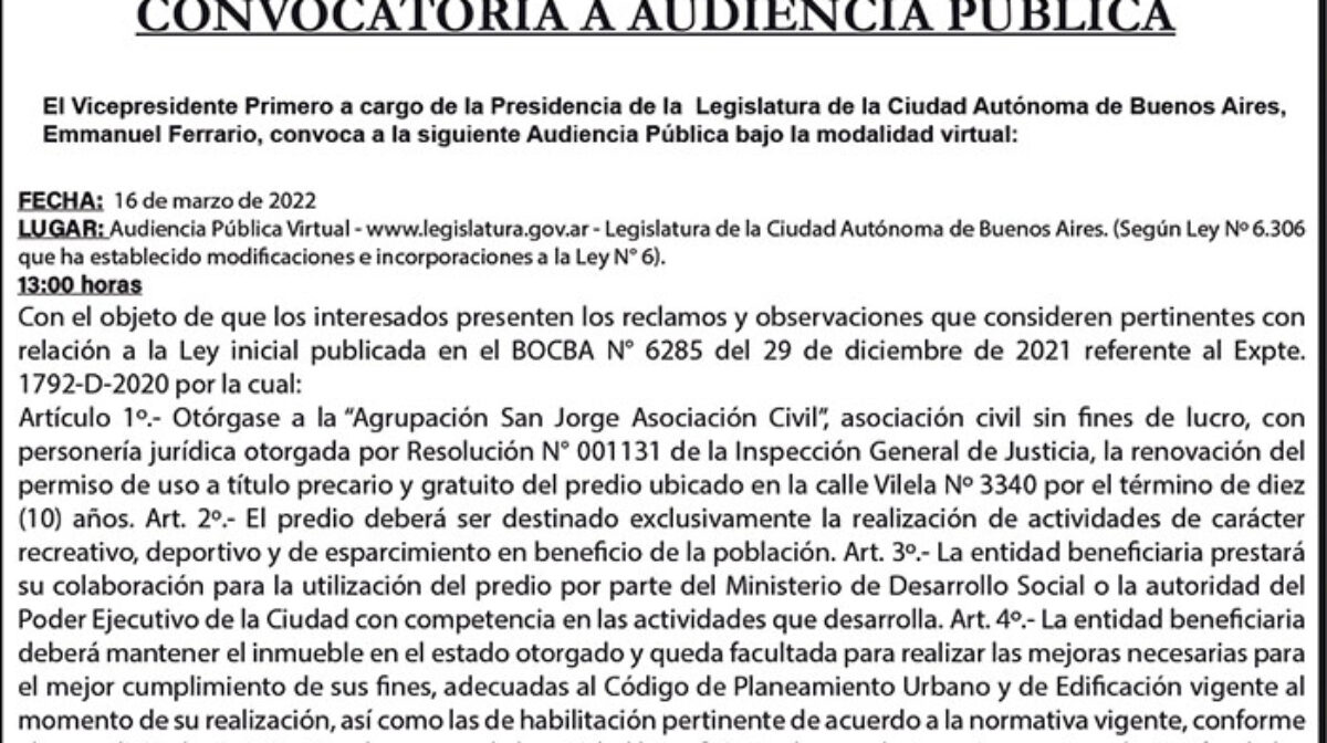 Convocatoria a Audiencia Pública para el 16 de Marzo ´22