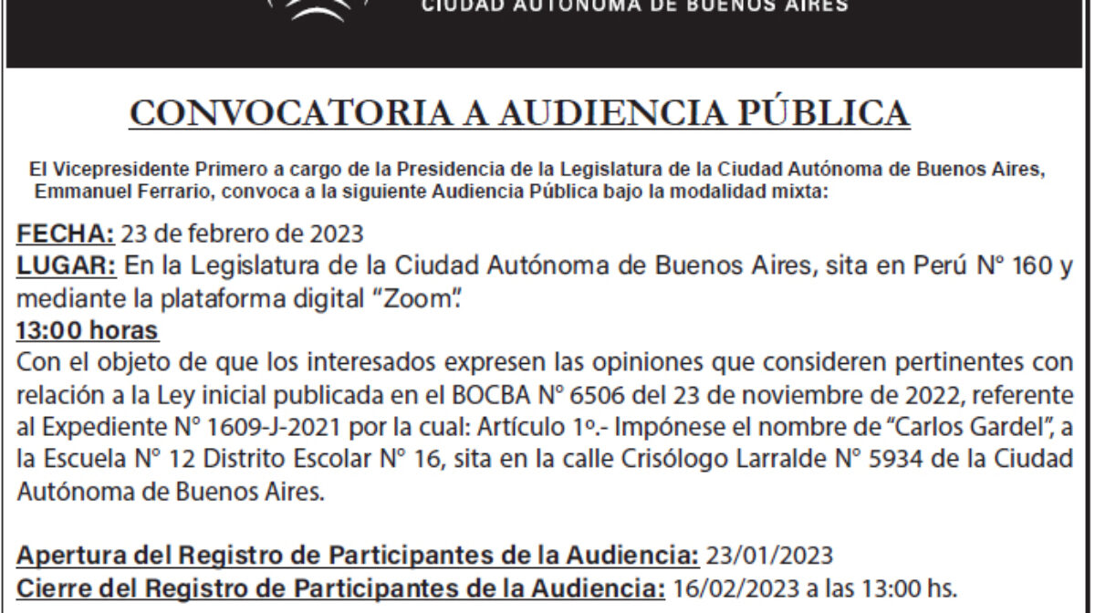 Convocatoria a Audiencia Pública para el 23 de Febrero ´23