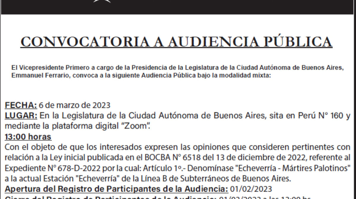 Convocatoria a Audiencia Pública para el 06 de Marzo ´23